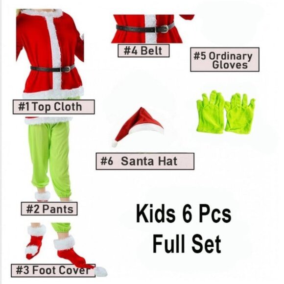 Christmas Grinch Green Monster Costume - Kids Santa Suit Belt PantsSz L